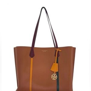 Tory Burch Caramel Brown Perry Colorblock Three Compartment Leather Tote NWOT